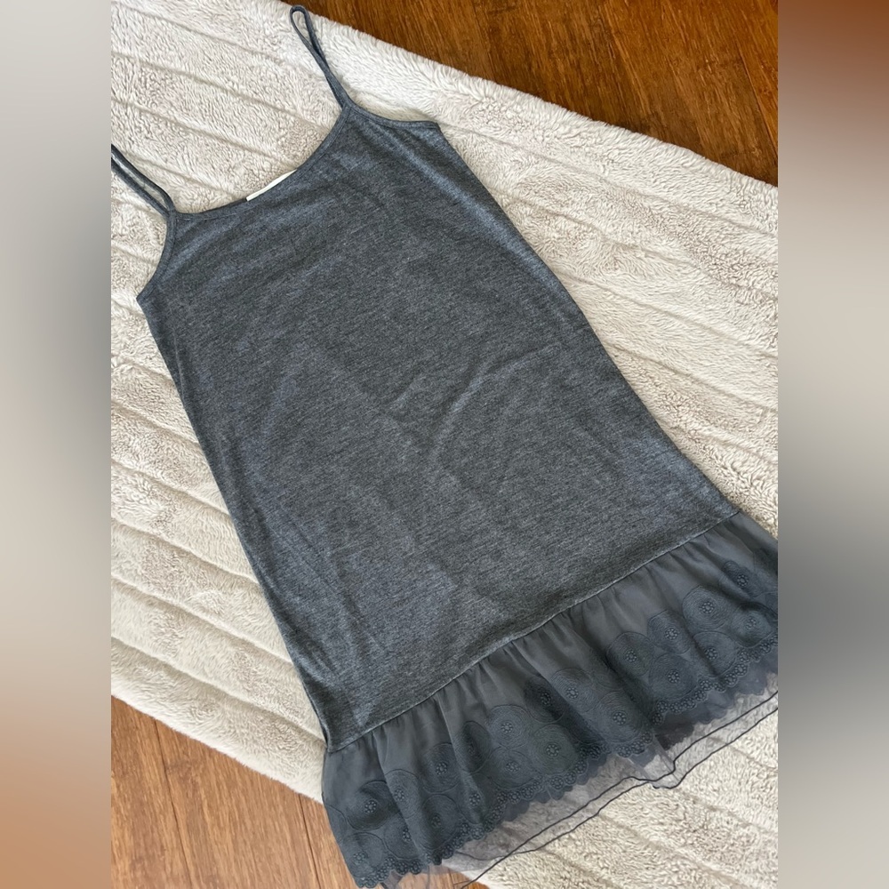 Tank Dress T Knit O2 Collection Heather Gray Sheer Tulle Eyelet Ruffle Hem SZ S